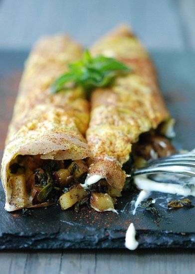 Crepes with Fried Potatoes & Greens