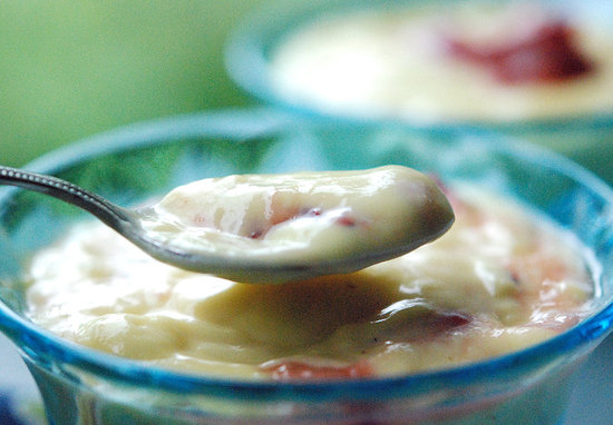 old-fashioned vanilla pudding with crushed strawberries