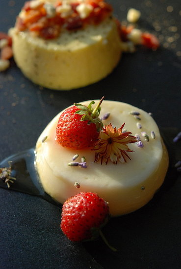 sweet corn panna cotta with bacon & blue cheese, goat cheese panna cotta with berries & honey