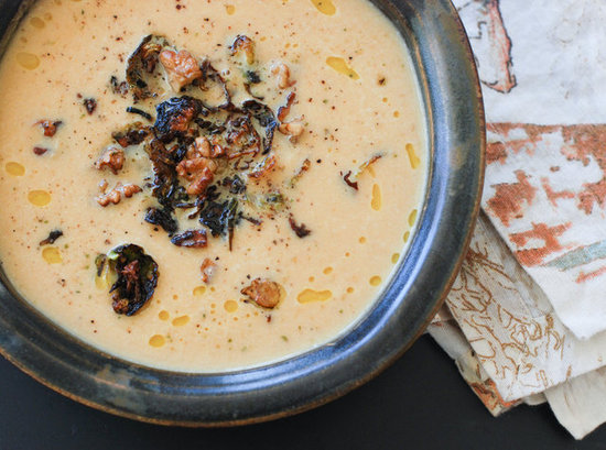 Chickpea Soup with Crispy Brussels & Walnuts