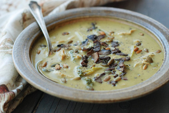Mushroom Soup with Chicken, Broccoli & Pumpkin Seeds